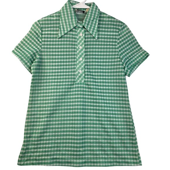 1970s Switchmates Small Gingham Pointy Collar Green Polo Shirt Deadstock Retro - Picture 1 of 9